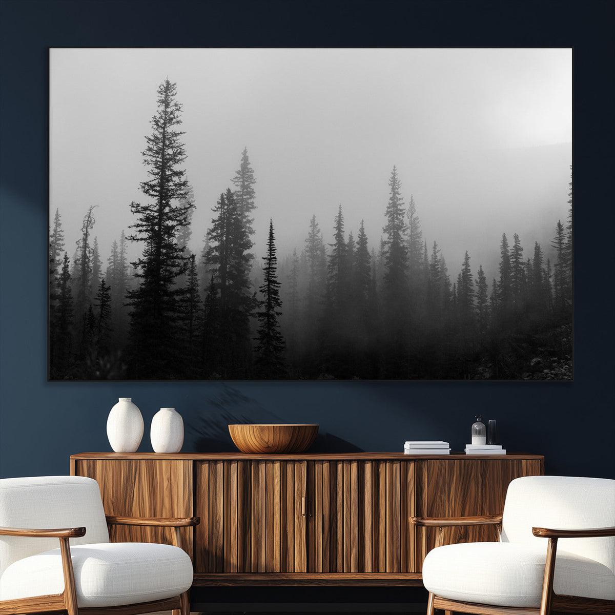 Misty Pines Wall Art Canvas Print, Framed Woodland Minimalist Black and White