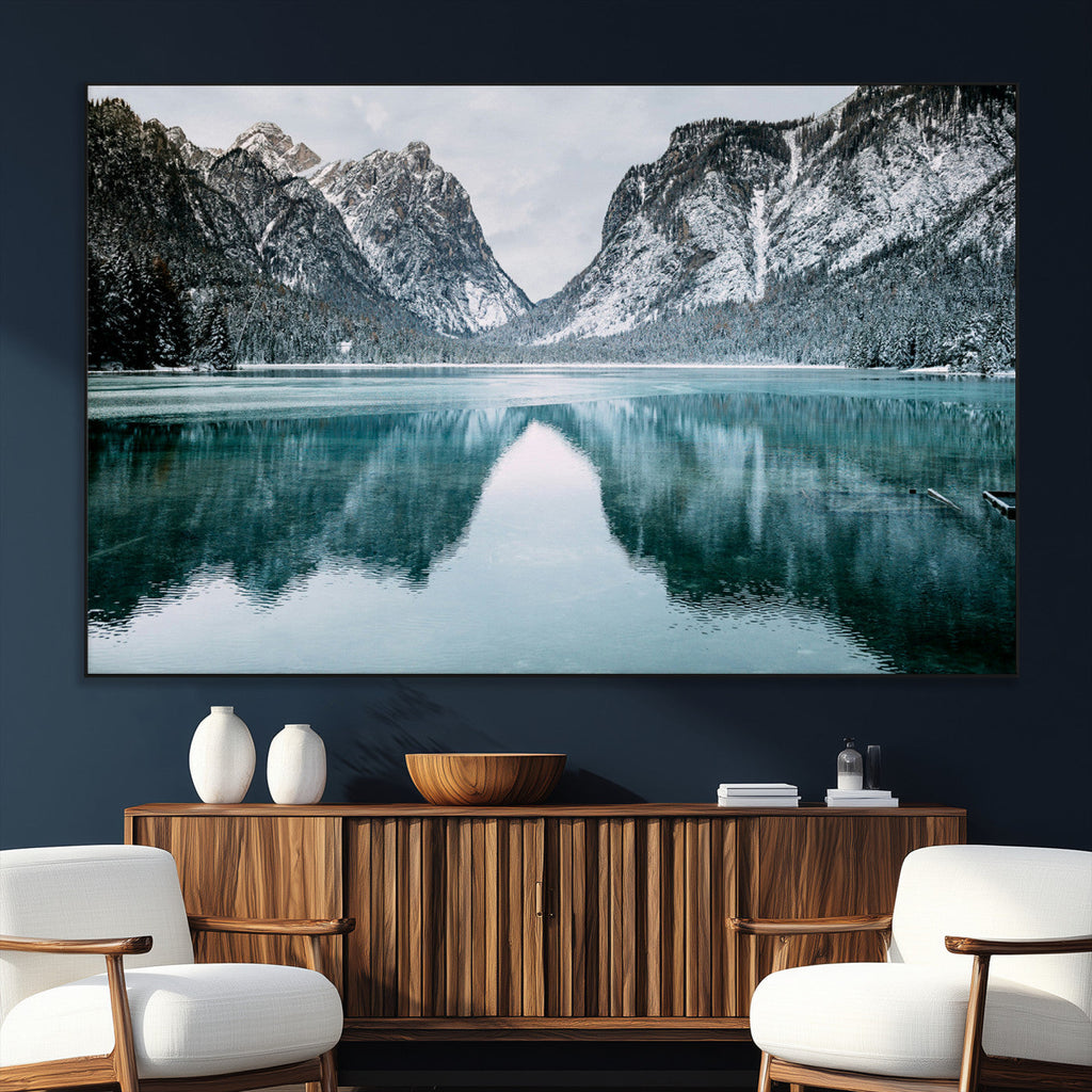 Mountain Lake Wall Art Canvas Print, Framed Toblacher See Winter Wonderland
