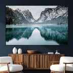 Mountain Lake Wall Art Canvas Print, Framed Toblacher See Winter Wonderland