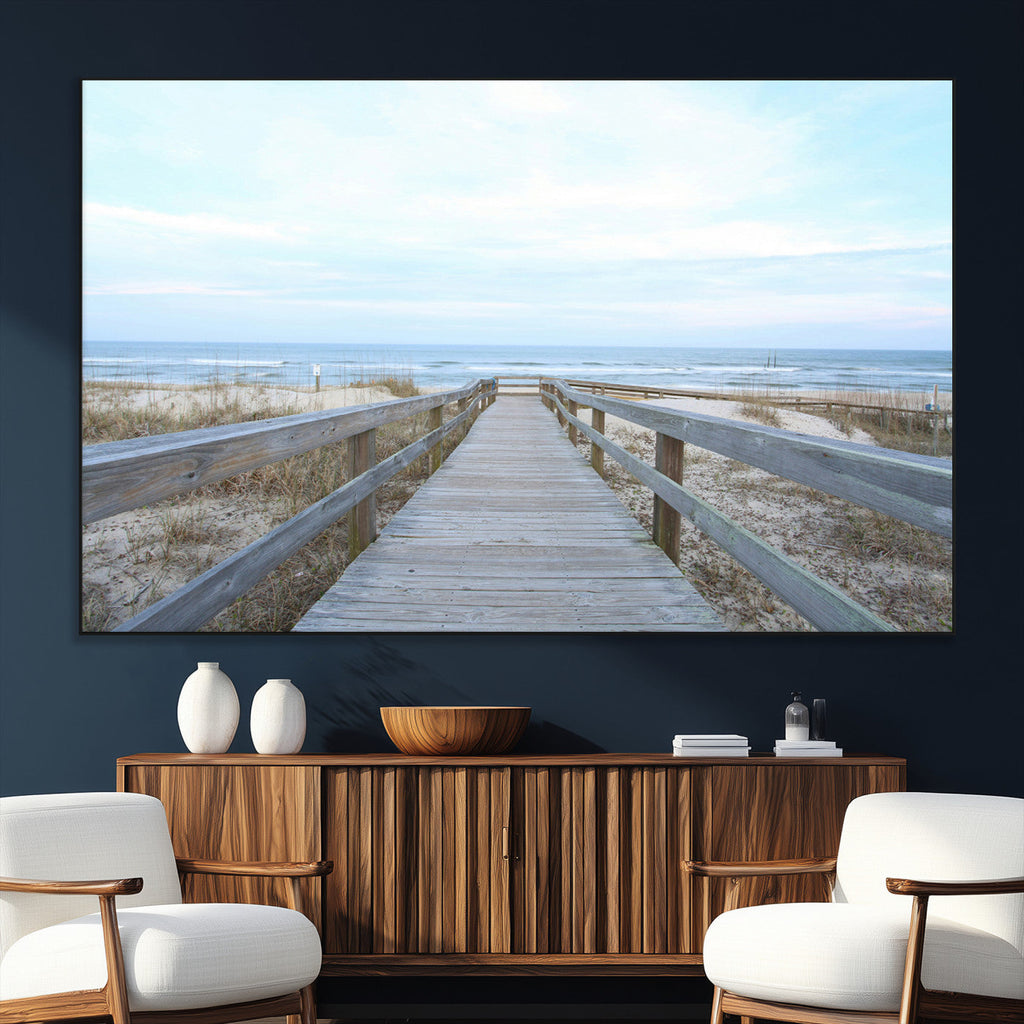 Beach Boardwalk Wall Art Canvas Print, Framed Coastal Serenity Ocean View