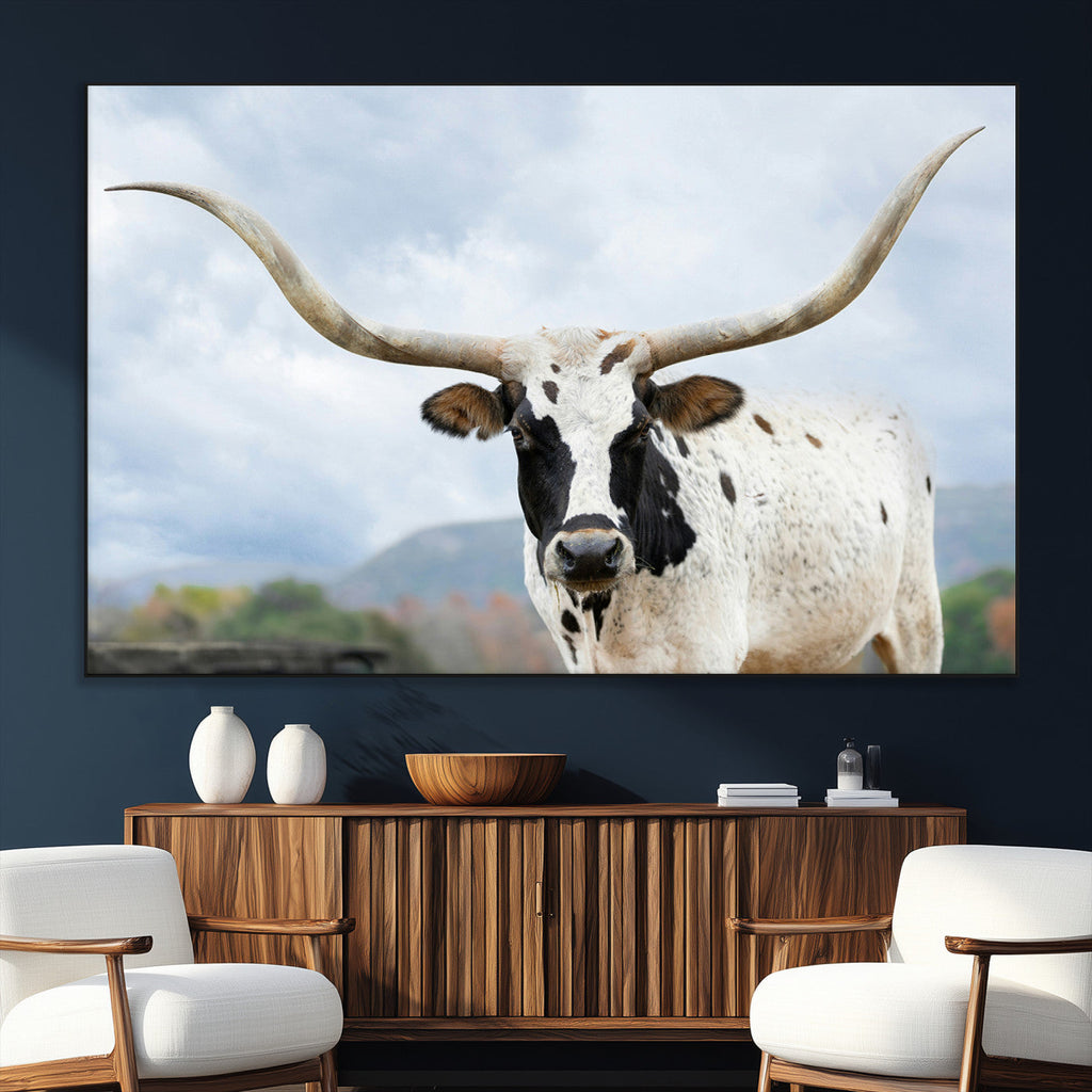 Texas Longhorn Wall Art Canvas Print, Framed Western Rustic Farmhouse