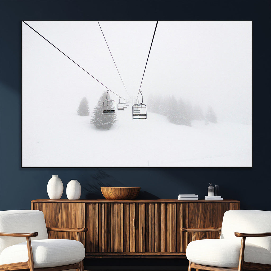 Ski Lift Wall Art Canvas Print, Framed Snowy Landscape Art, Alpine Adventure Nordic Minimalist Decor