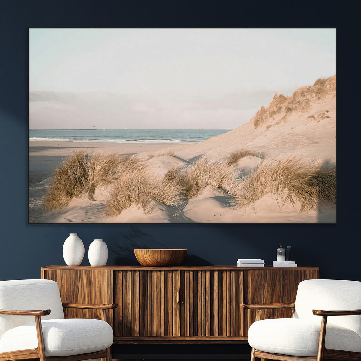 Beach Landscape Wall Art Canvas Print, Framed Sand Dune Photography, Minimalist Seascape Coastal Decor