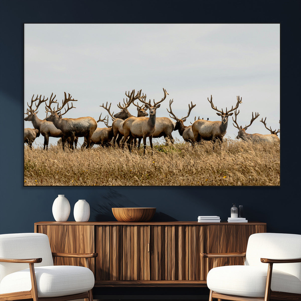 Elk Herd Wall Art Canvas Print, Framed Wildlife Photography Art, Majestic Antlers Rustic Wildlife Decor