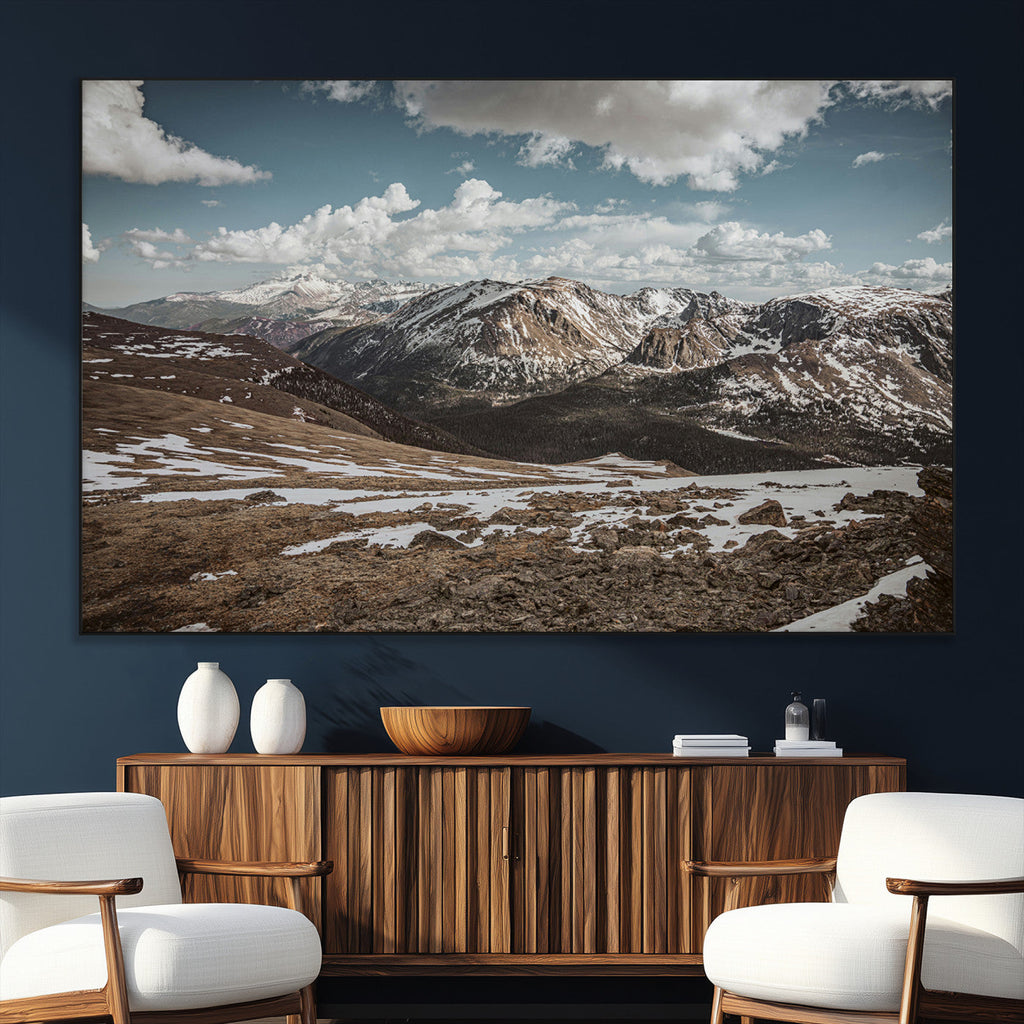 Mountain Landscape Wall Art Canvas Print, Framed Snowy Peaks Art, Rugged Highlands Rustic Adventure Decor