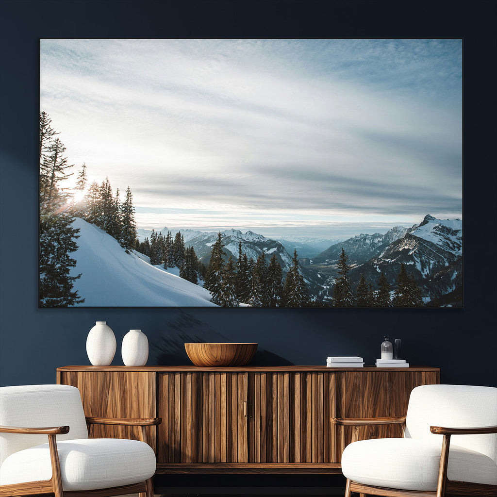 Snowy Mountains Wall Art Canvas Print, Framed Alpine Landscape Frosty Peaks Artwork