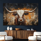 Abstract Longhorn Bull Wall Art Canvas Print, Vintage Western Texas Steer Artwork
