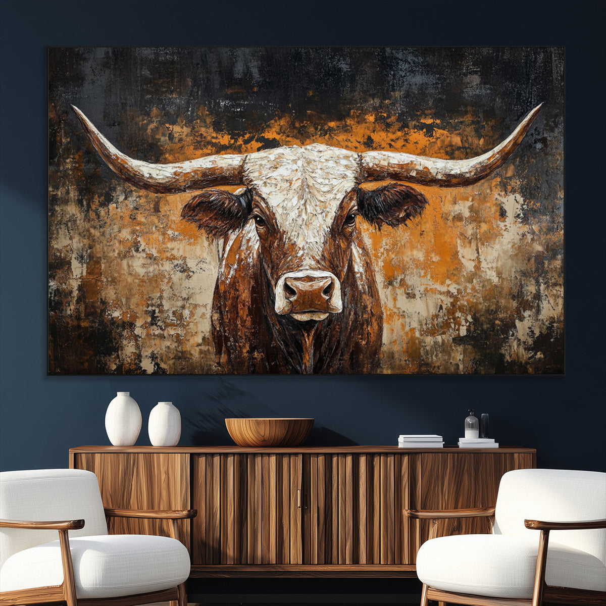 Abstract Longhorn Bull Wall Art Canvas Print, Vintage Western Texas Steer Artwork
