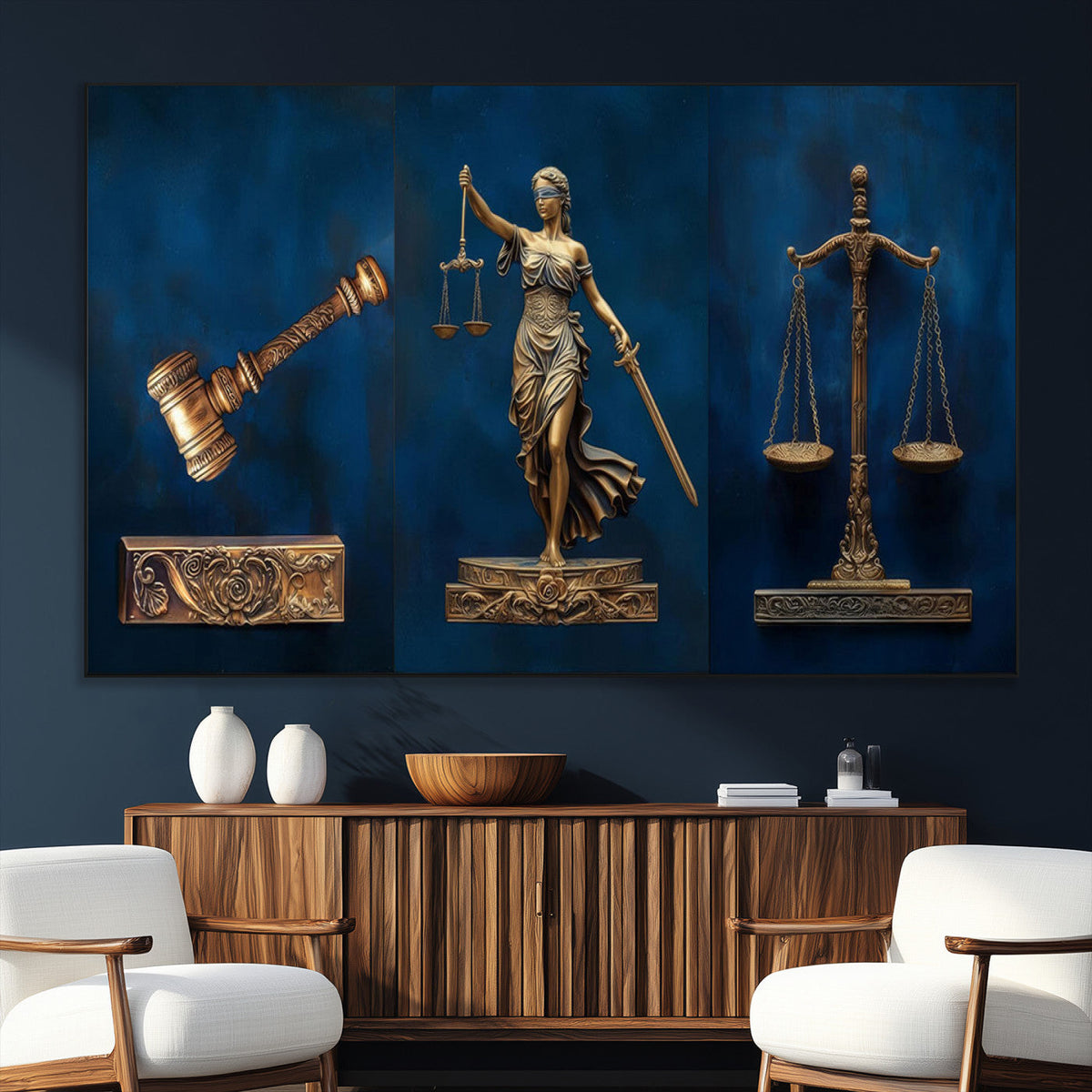 Lady Justice Wall Art Canvas Print, Elegant Gold Legal Symbols on Blue, Law Office Decor