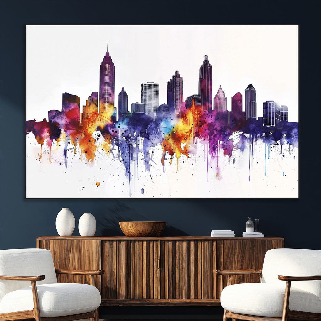 Atlanta Skyline Wall Art Canvas Print, Framed Colorful Watercolor Cityscape
