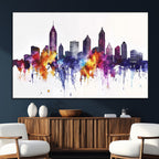 Atlanta Skyline Wall Art Canvas Print, Framed Colorful Watercolor Cityscape