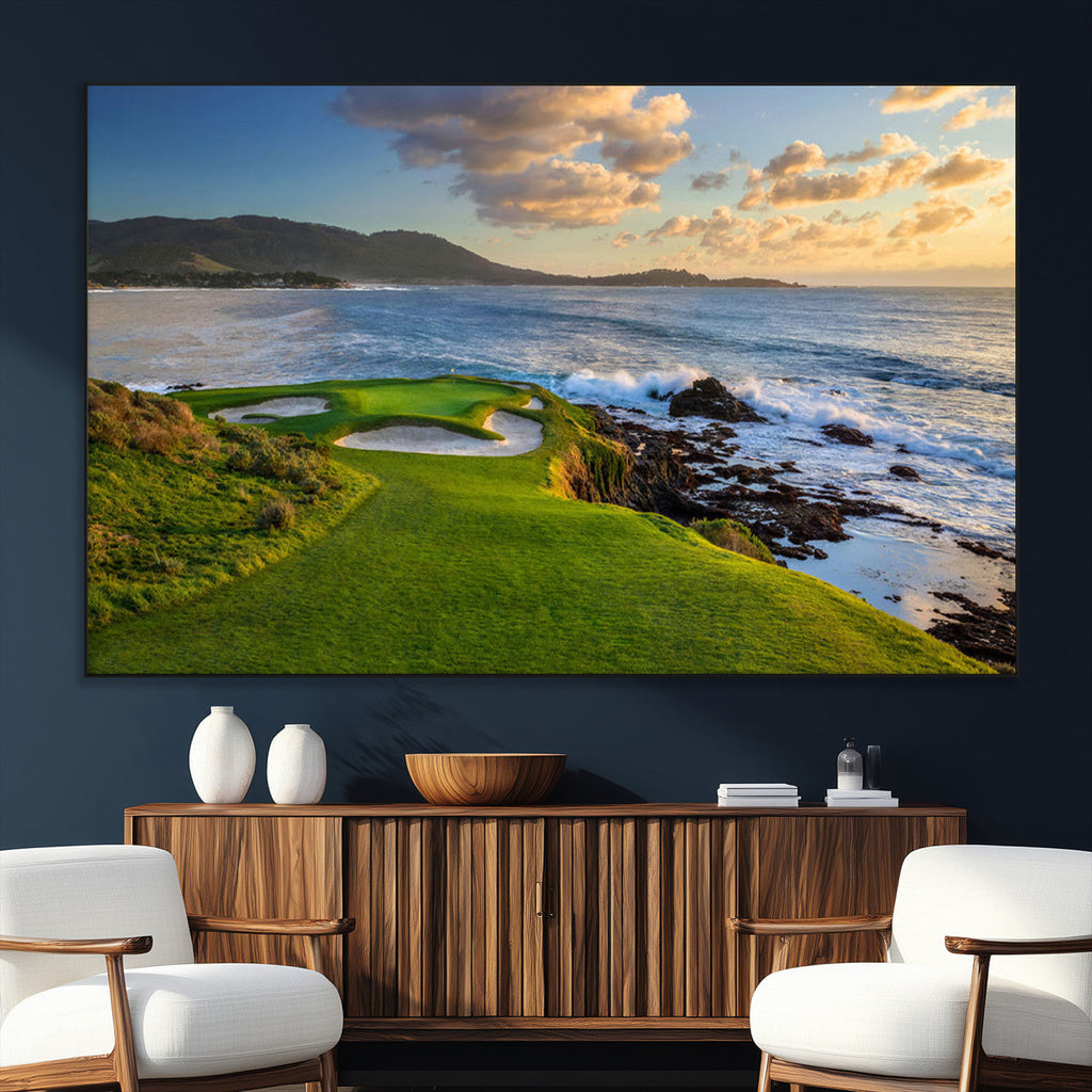Coastal Golf Course Wall Art Canvas Print, Sunset with Rolling Green Fairways and Ocean Waves