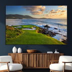 Coastal Golf Course Wall Art Canvas Print, Sunset with Rolling Green Fairways and Ocean Waves