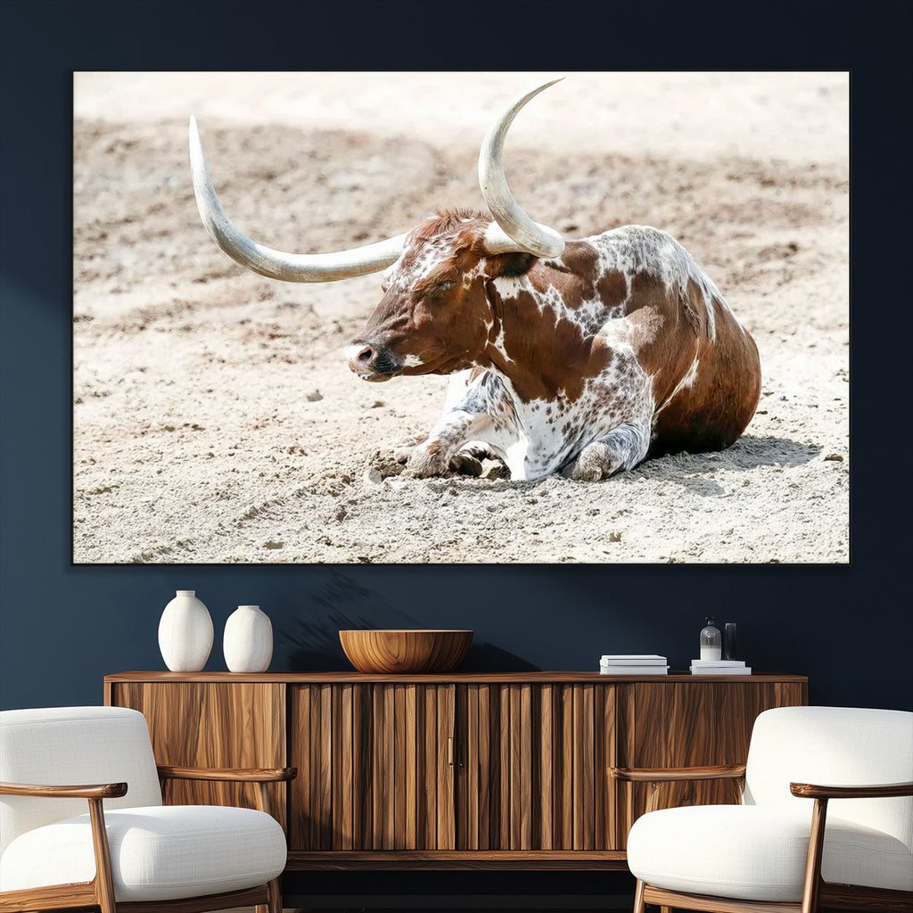 Majestic Longhorn Wall Art Canvas Print, Resting on Sunlit Desert Ground