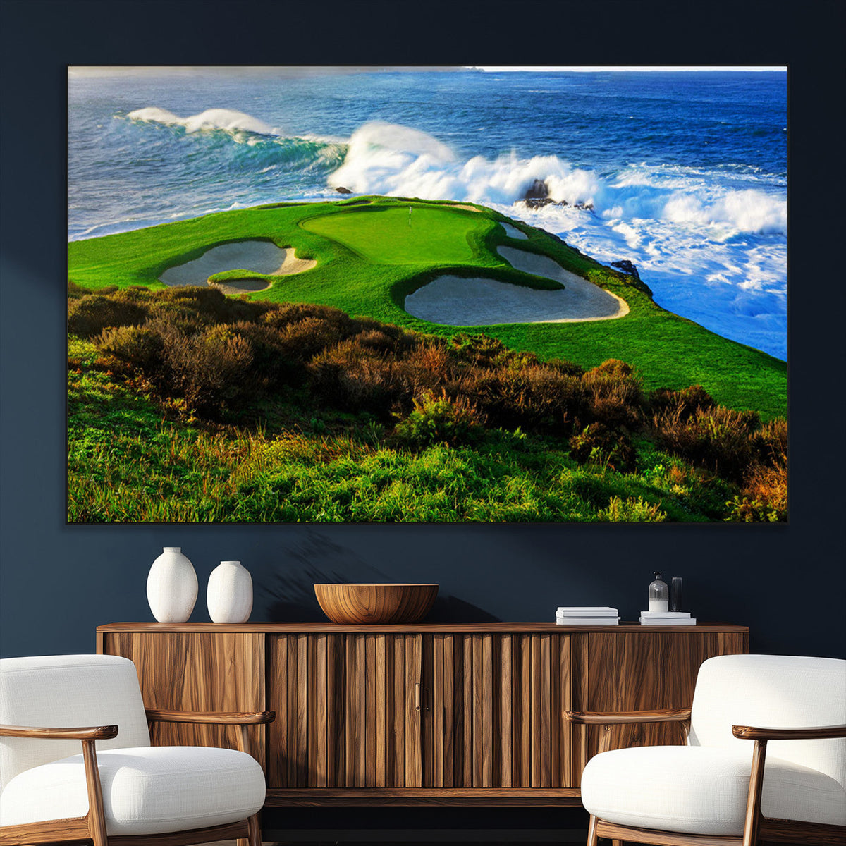 Coastal Golf Course Wall Art Canvas Print, Vibrant Green with Sand Bunkers and Ocean Waves
