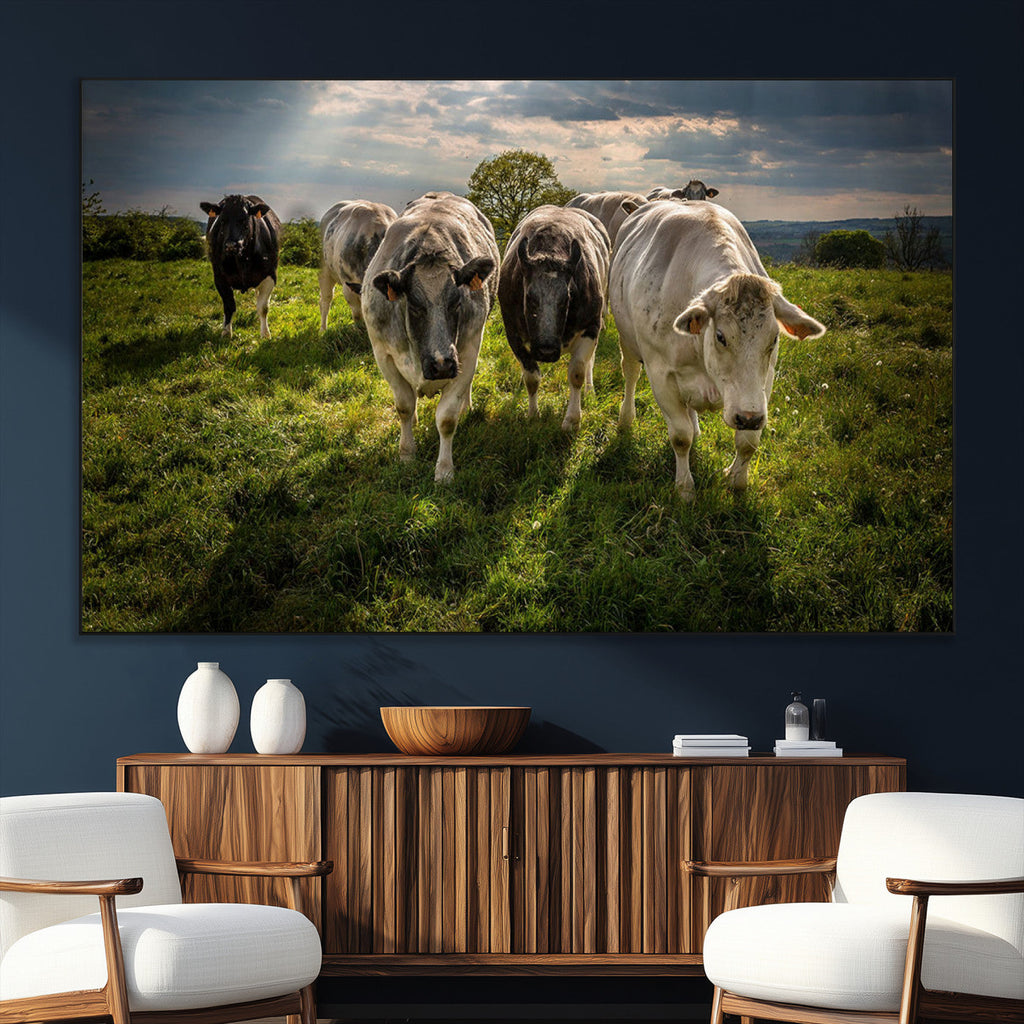 Grazing Cattle Herd Wall Art Canvas Print, Framed Green Pasture Farm Scene