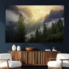 Misty Forest Sunrise Wall Art Canvas Print, Framed Mountain Valley Pine Trees
