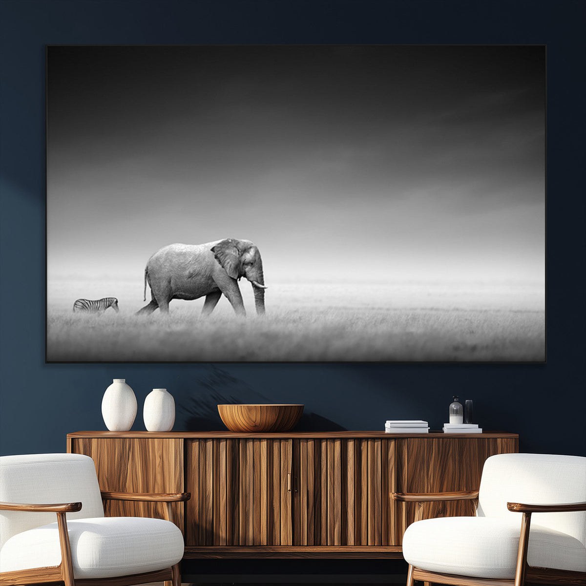Elephant and Zebra Wall Art Canvas Print, Modern Artwork