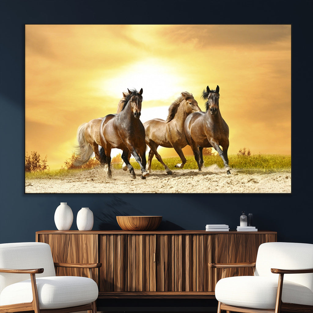 Wild Horses Wall Art Canvas Print, Framed Galloping Herd