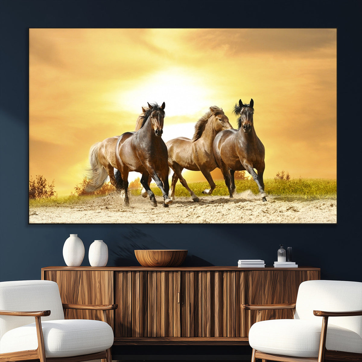 Wild Horses Wall Art Canvas Print, Framed Galloping Herd