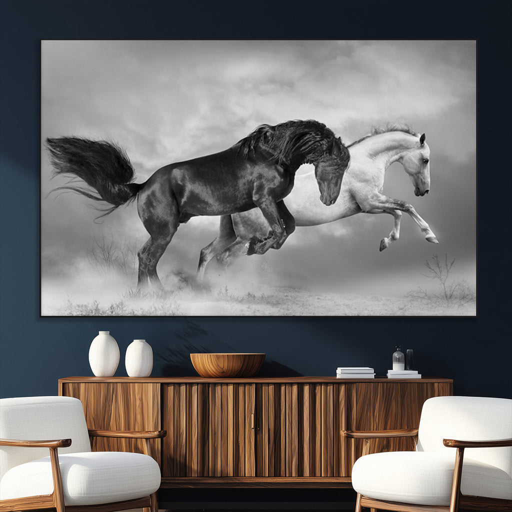 Wild Horses Wall Art Canvas Print, Framed Black and White Galloping Horses