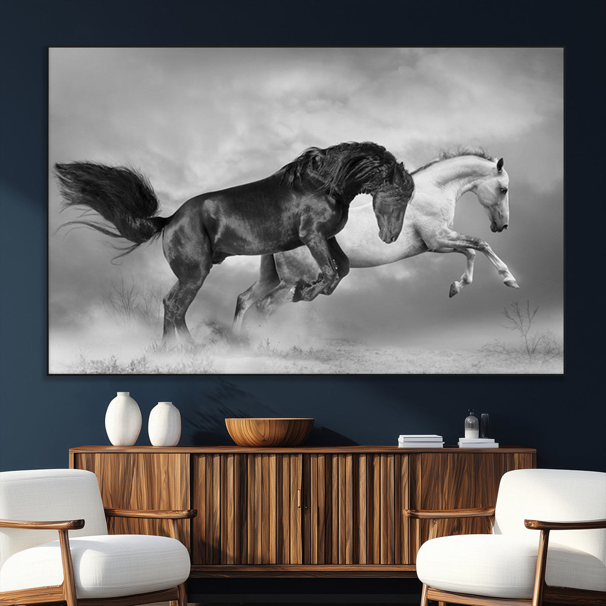 Wild Horses Wall Art Canvas Print, Framed Black and White Galloping Horses