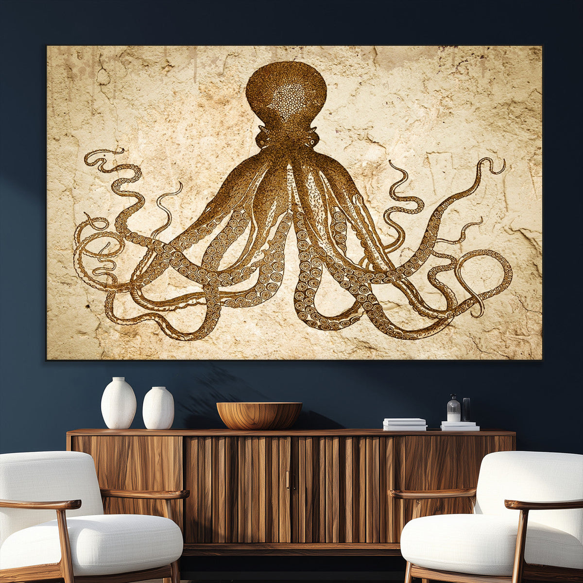 Sepia Octopus Wall Art Abstract Animal Canvas Print