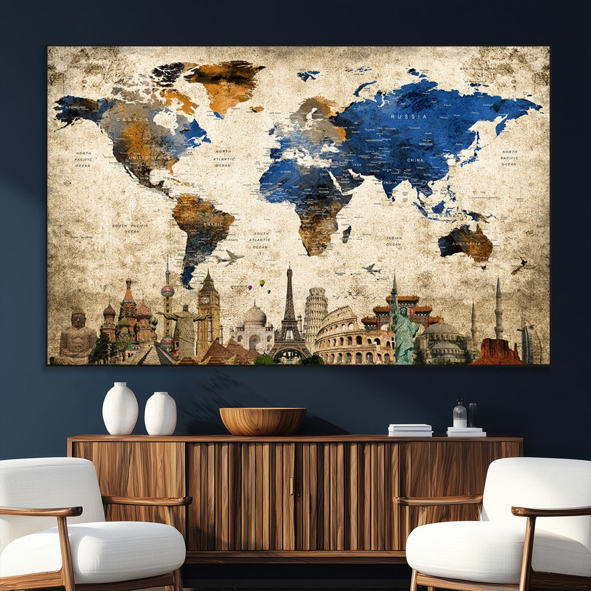 World Map Canvas Print | Vintage Blue and Gold World Map Wall Art