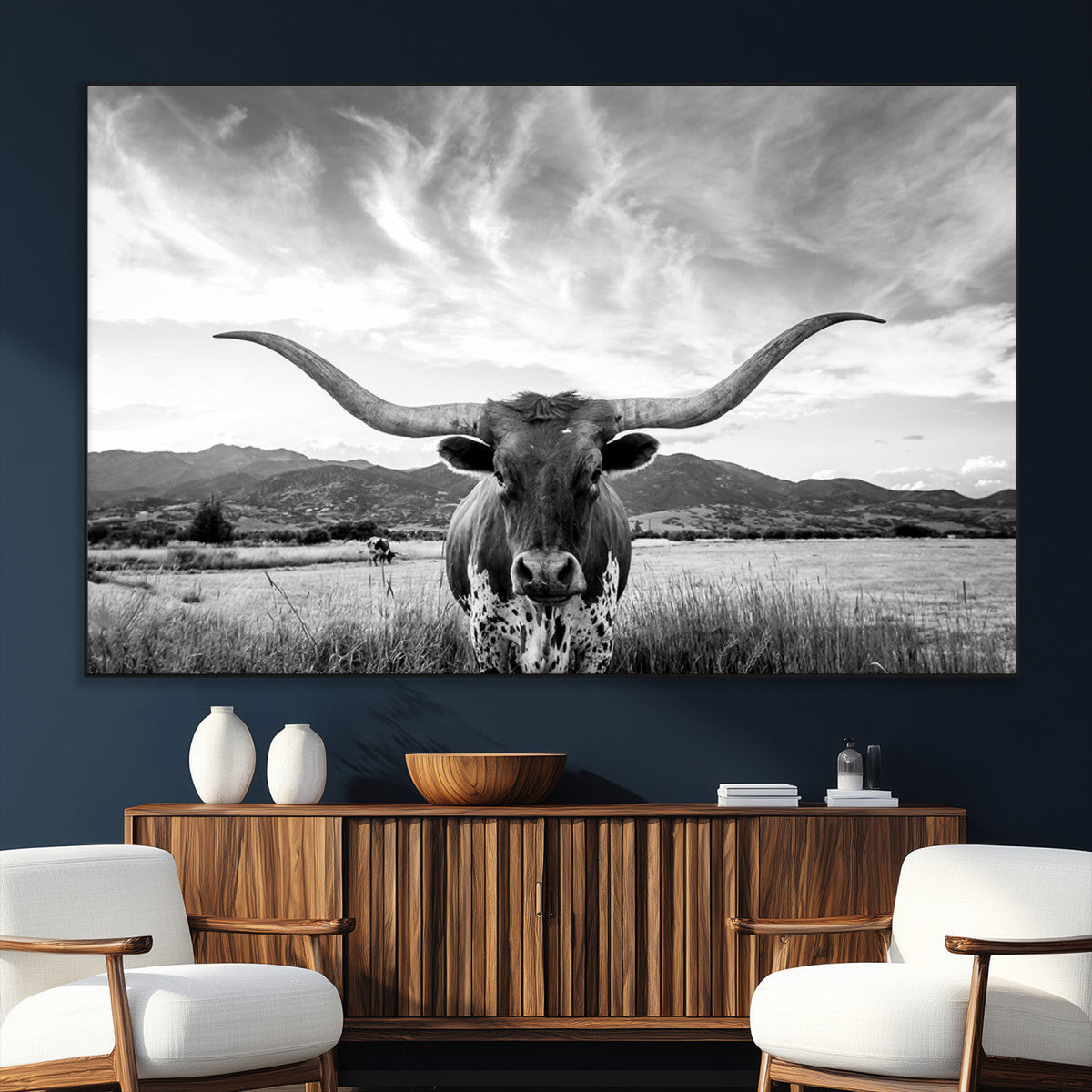 Longhorn Black and White Wall Art | Rustic Western Bull Canvas Print