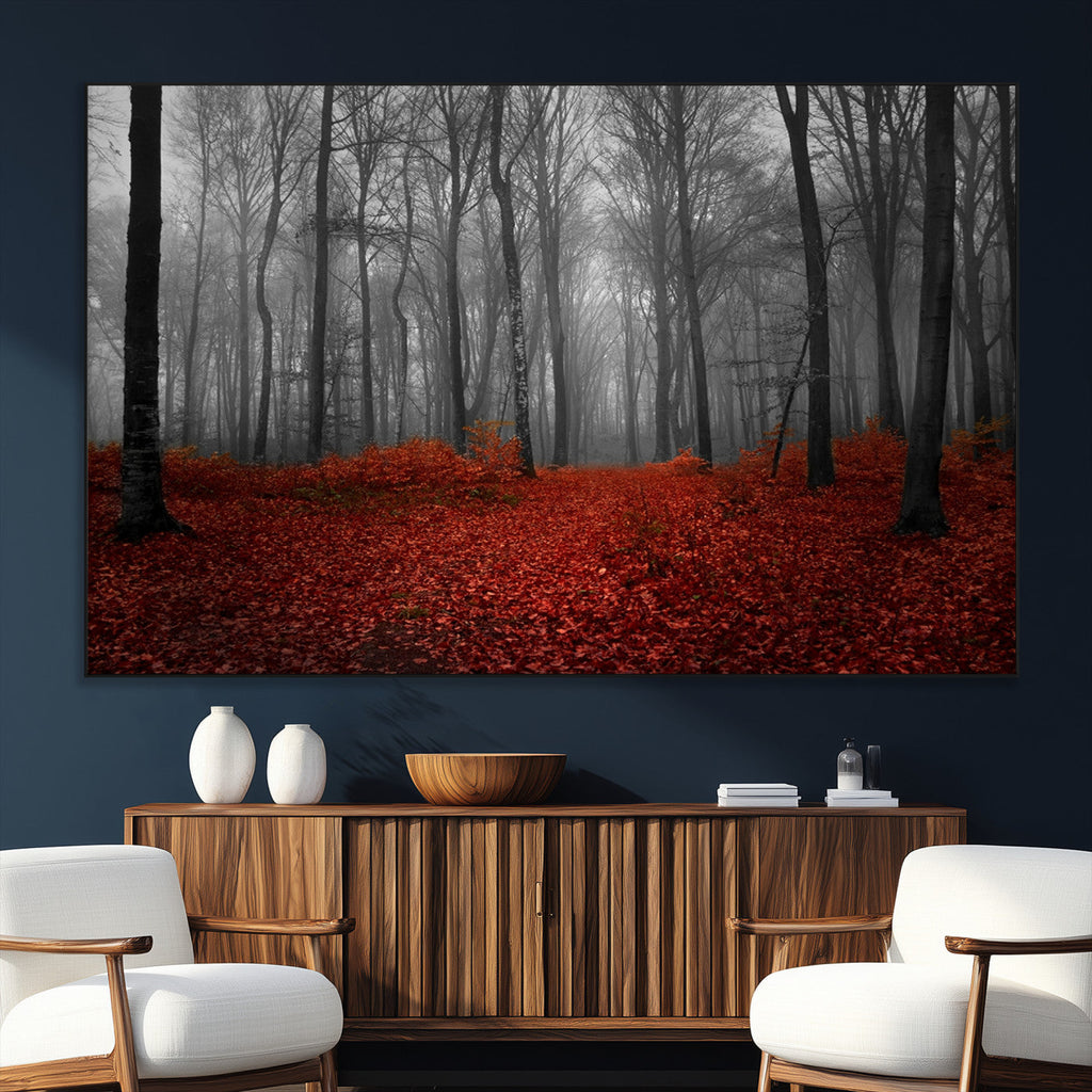 Red Forest Floor Canvas Wall Art | Mystical Foggy Woodland Triptych