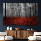 Red Forest Floor Canvas Wall Art | Mystical Foggy Woodland Triptych