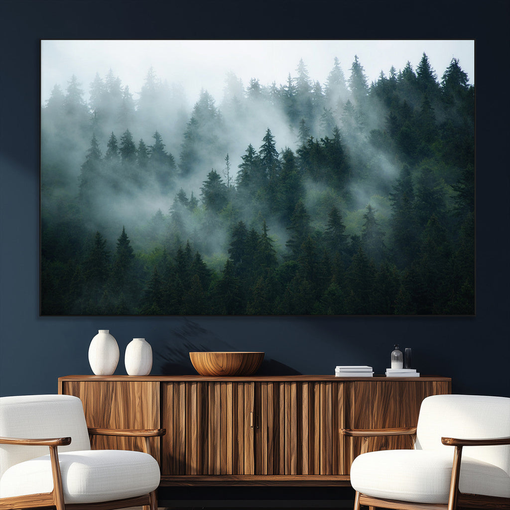 Misty Forest Wall Art | Serene Green Landscape Canvas Print