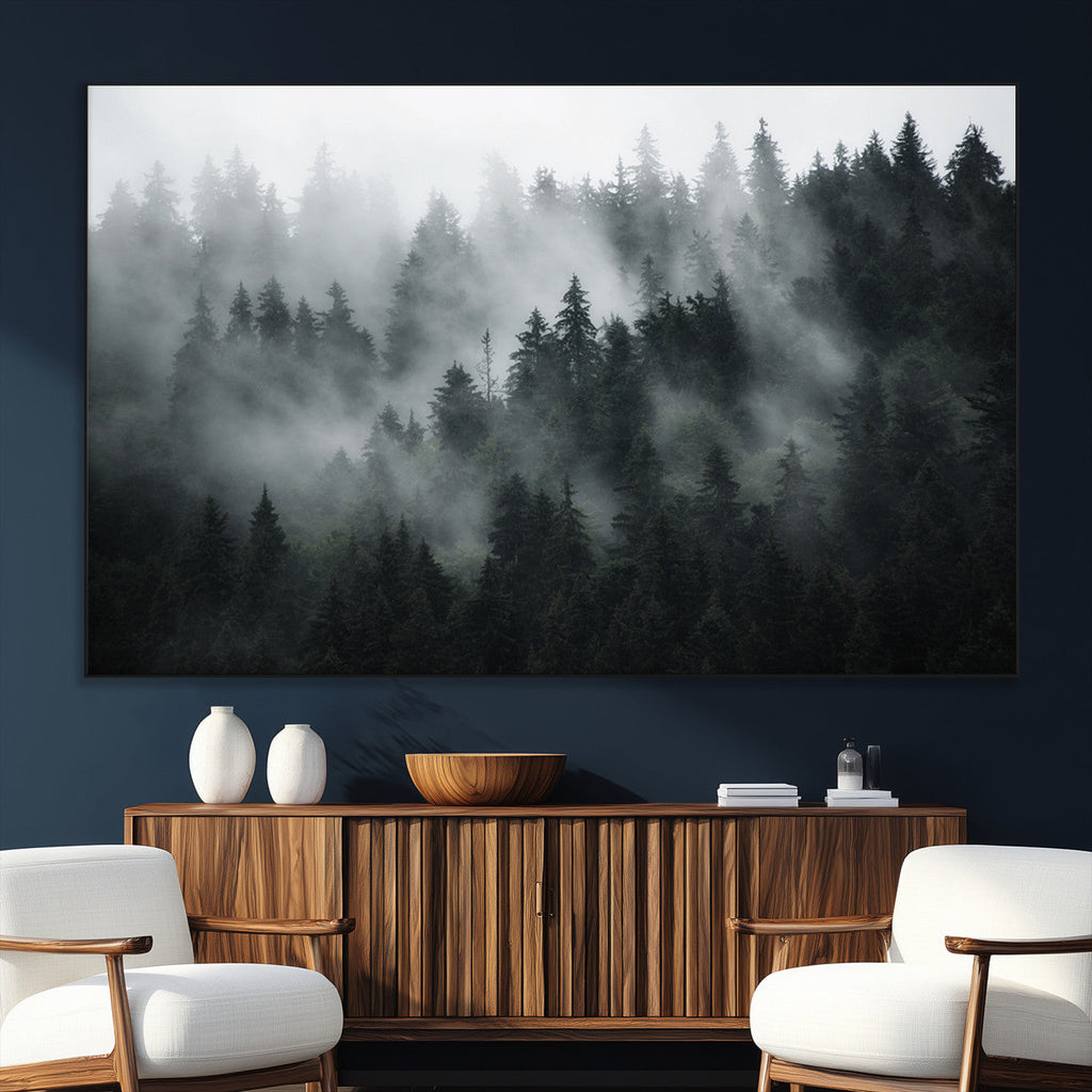 Foggy Forest Wall Art Canvas Print | 3 Panel Large Misty Landscape