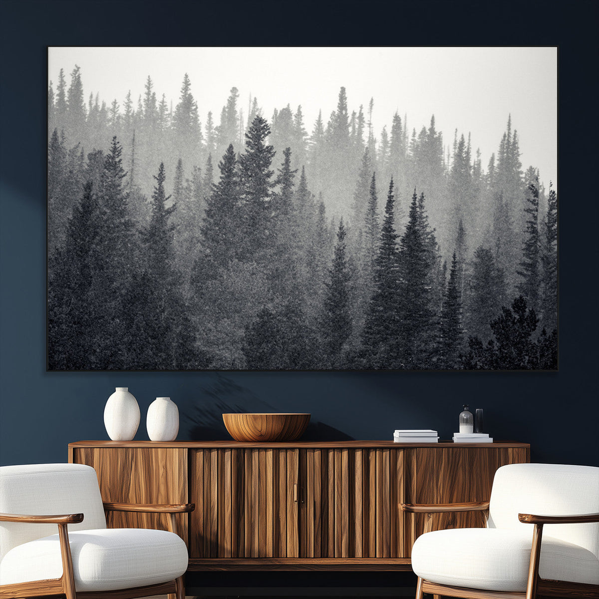 Misty Forest Canvas Wall Art | Monochrome Triptych Pine Tree Print