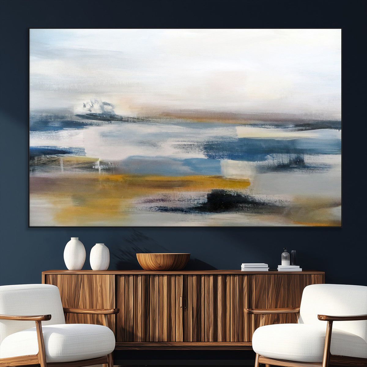 Abstract Landscape Wall Art Canvas | 3 Panel Modern Blue, Gold and White Canvas Art
