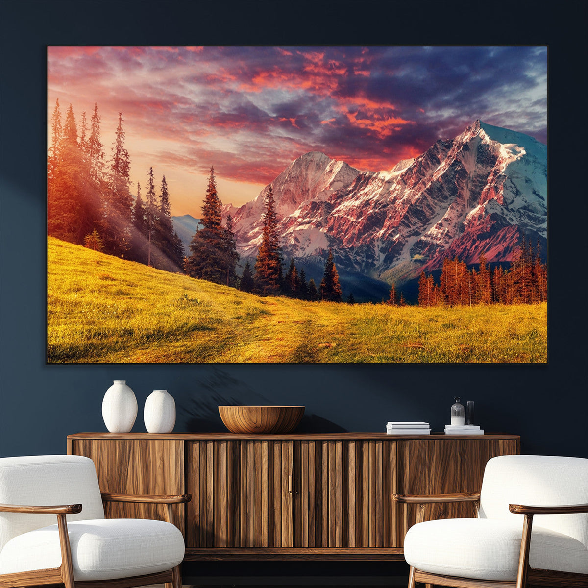 Mountain and Daylight Red Sunset Wall Art Canvas Print