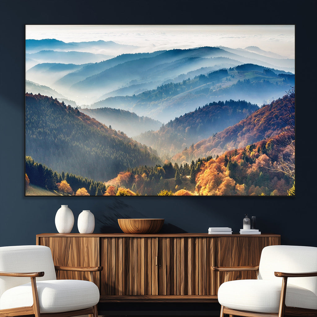Misty Mountain Sunrise Triptych Canvas Print | Autumn Landscape Wall Art