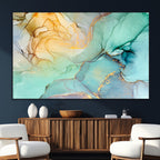 Abstract Aqua and Gold Fluid Wall Art Canvas | 3 Panel Large Canvas Print