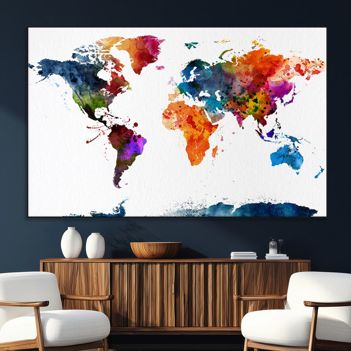 Bold Colorful World Map Canvas Print | Detailed Map of the World Wall Art