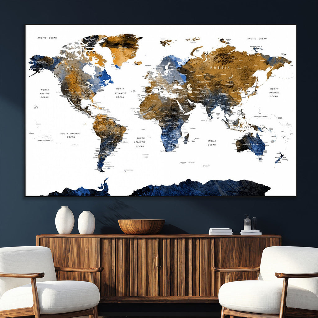 Modern Abstract World Map Canvas Wall Art | Framed Blue and Gold Map Print