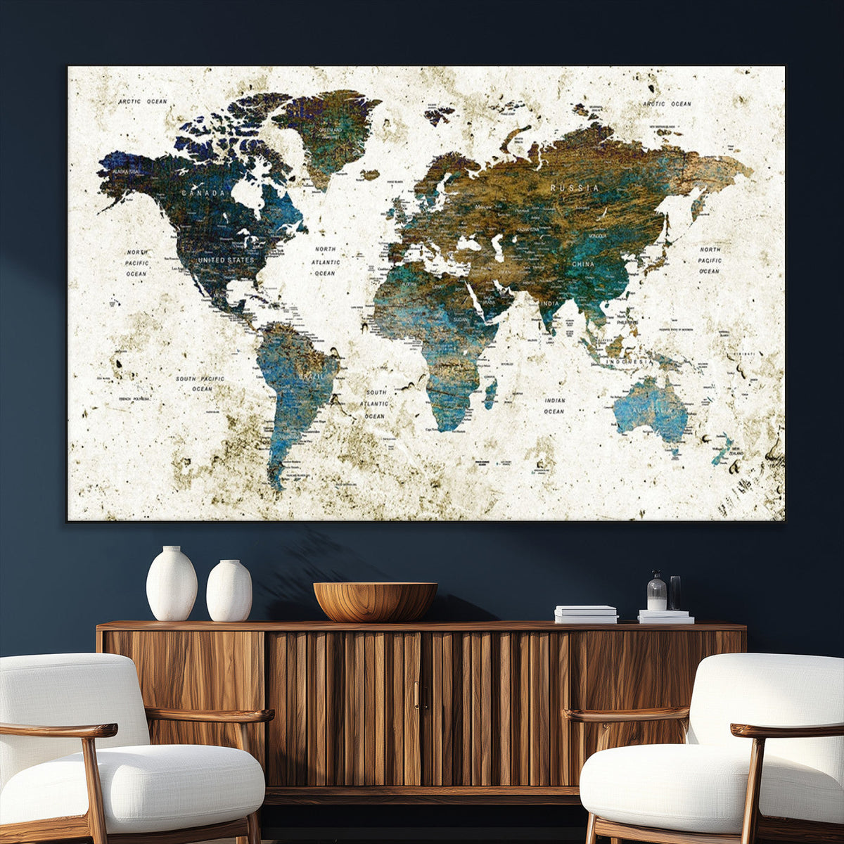 Vintage World Map Wall Art Canvas Print, Framed Rustic Earth Tone Map
