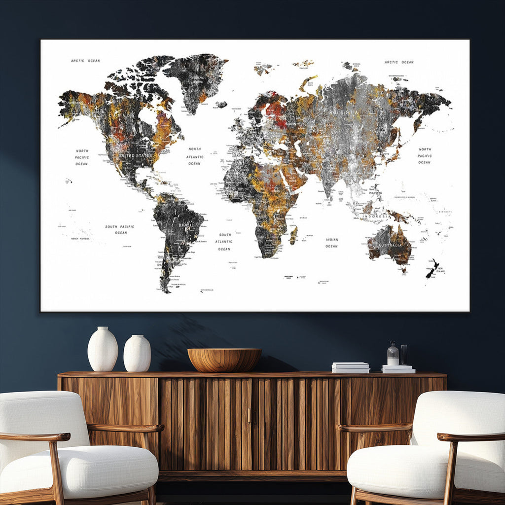 Modern Metallic World Map Canvas Wall Art | Framed Contemporary World Map Print