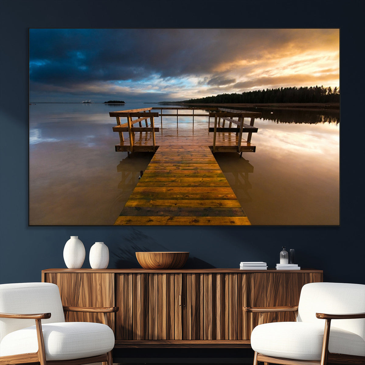 Serene Lake Pier at Sunset Canvas Print | Landscape Wall Art | Ready to Hang