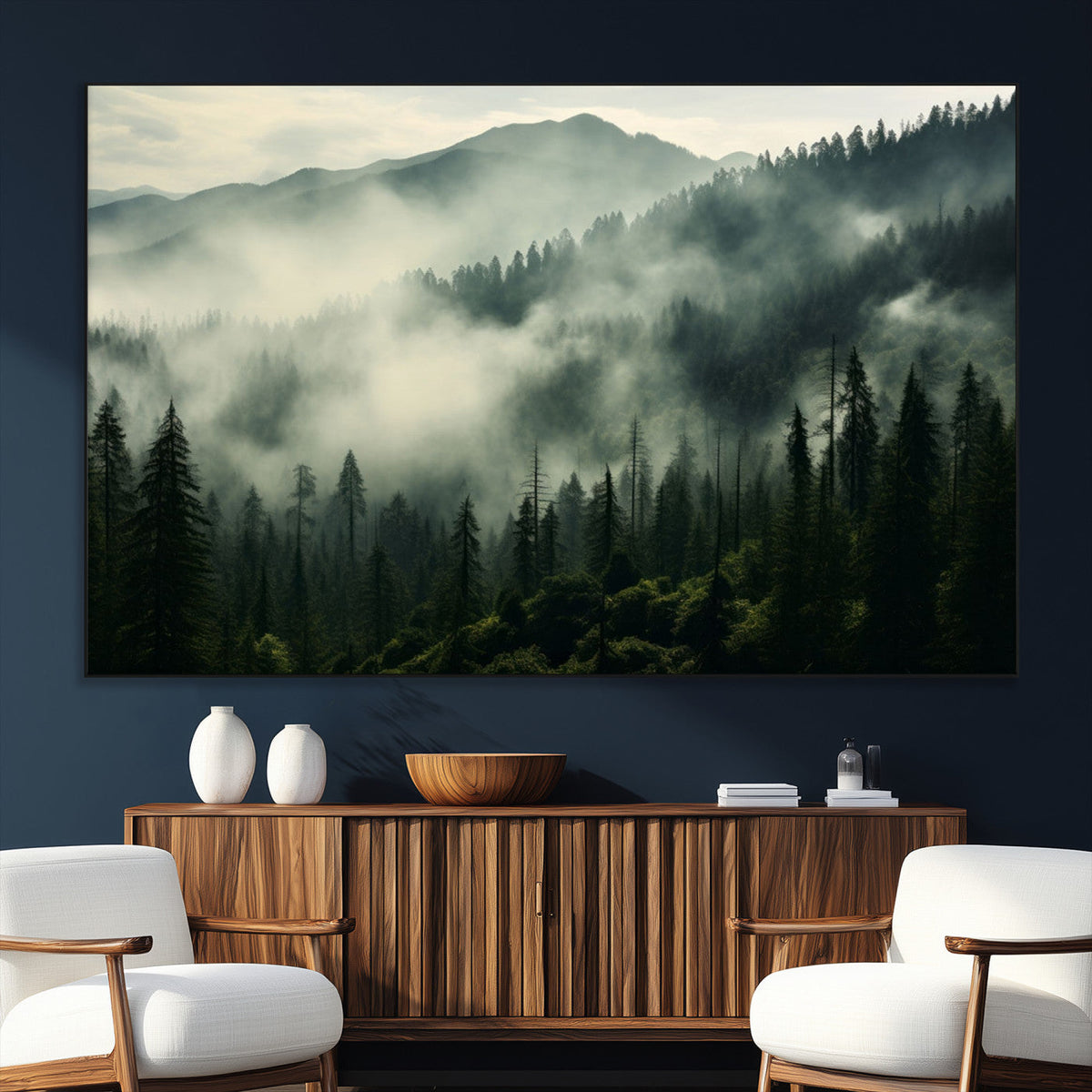 Captivating Misty Forest Wall Art Premium Canvas Print, A Foggy and Serene Atmosphere