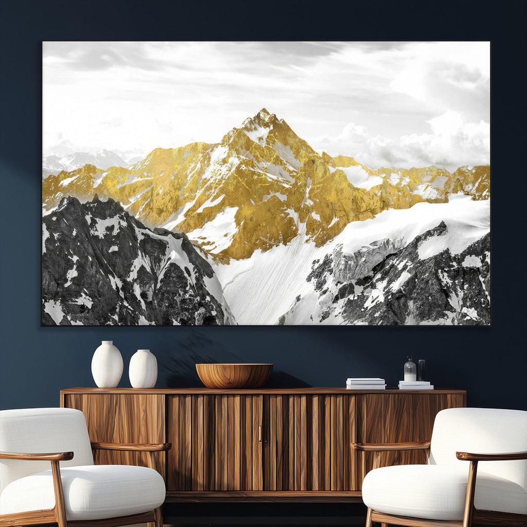 Gold Abstract Mountains Wall Art Print on Canvas, Nature Wall Art Print