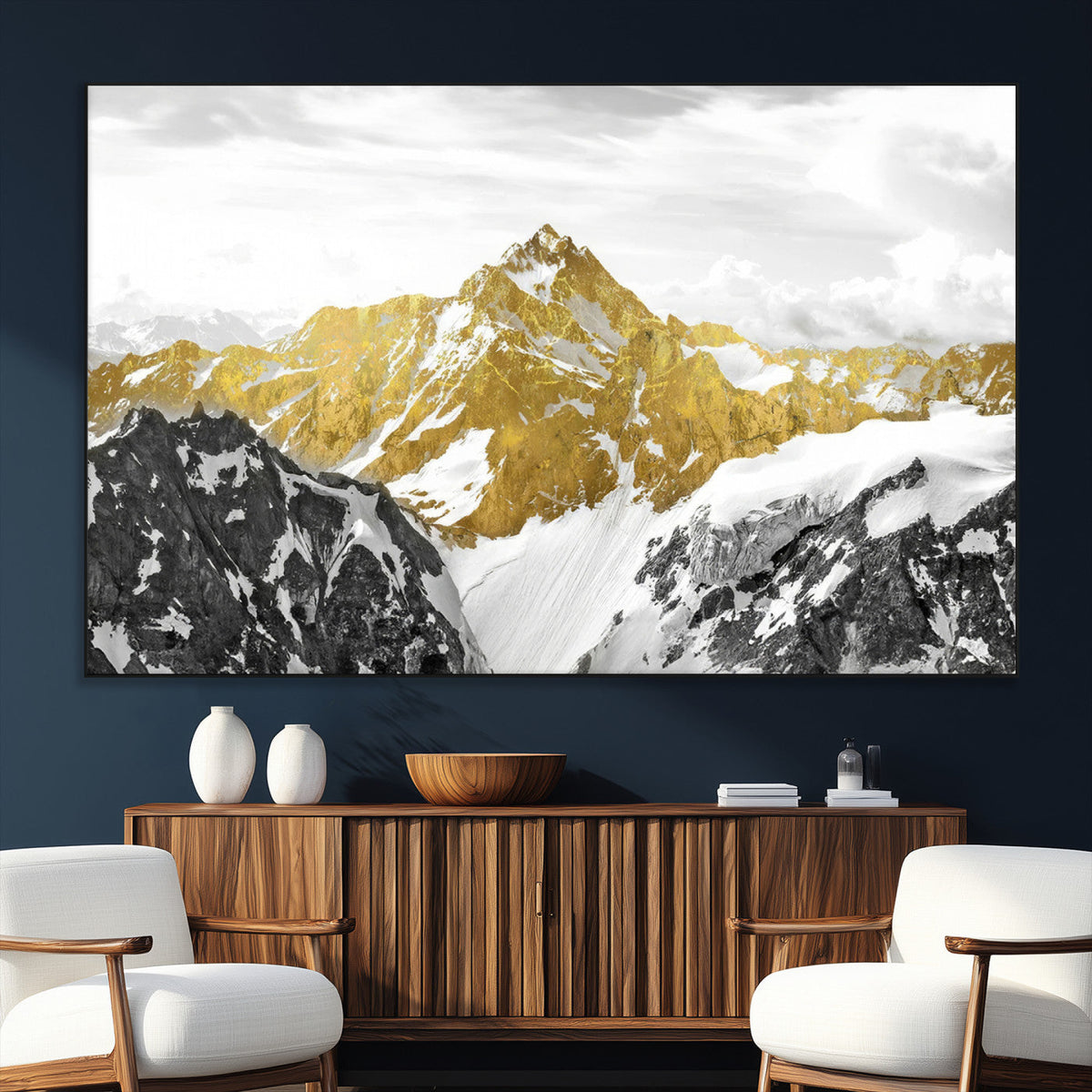 Gold Abstract Mountains Wall Art Print on Canvas, Nature Wall Art Print