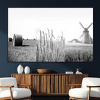 Vintage Farmhouse Black and White Triptych Wall Art, Giclee Canvas with Wheat Fields, Hay Bales and Windmill