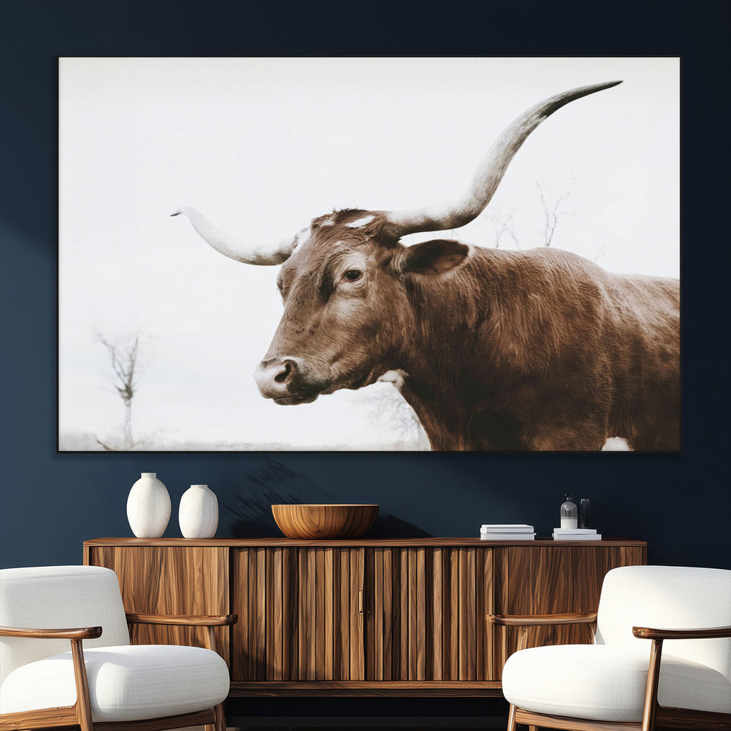 Rustic Bull Wall Art Canvas Print, Modern Longhorn Farmhouse Animal Decor
