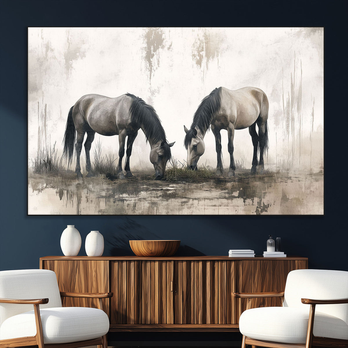 Chinese Ink Style Vintage Horses Wall Art Canvas Print