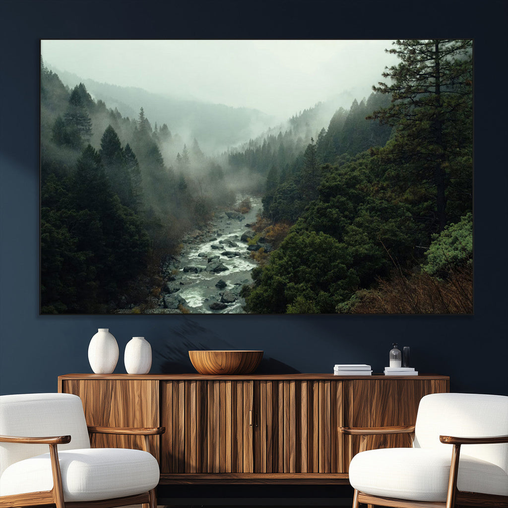 Misty Forest Wall Art, Tranquil Nature Landscape, Ready to Hang | Extra Large 3 Piece Canvas Wall Art